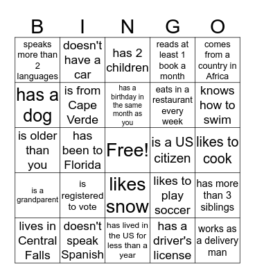 Icebreaker Bingo Card