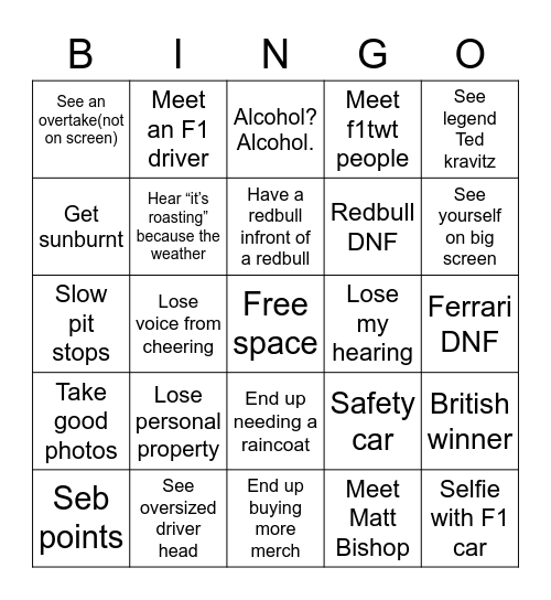 Silverstone Bingo Card