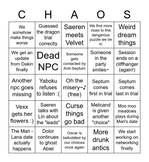 Bingo of CHAOS Bingo Card