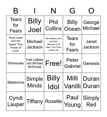 Musical Bingo 1980's Bingo Card