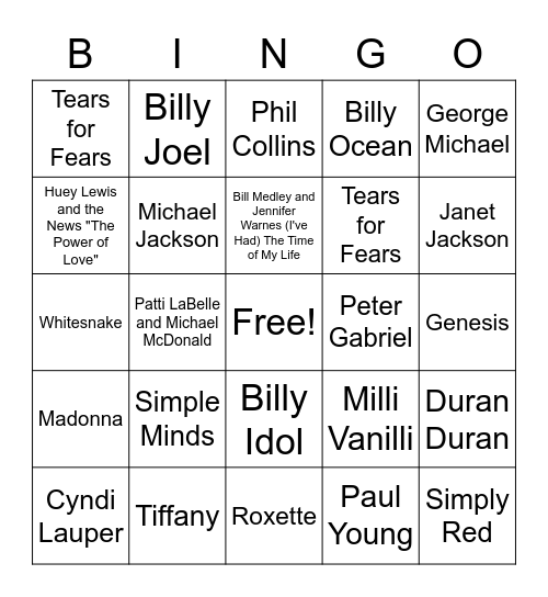 Musical Bingo 1980's Bingo Card