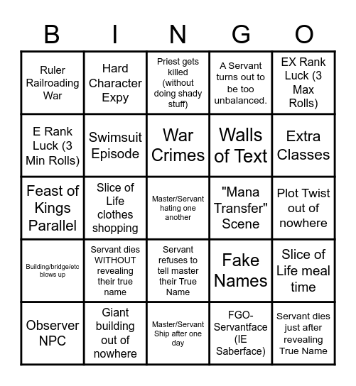 Fate/Empire Bingo Card