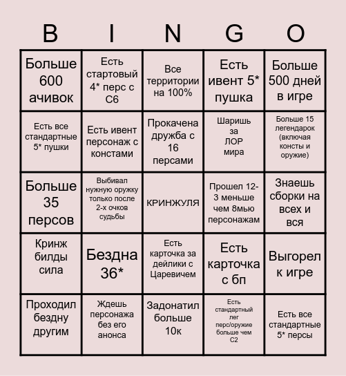 ГЕНШИН ЗАДРОТ Bingo Card