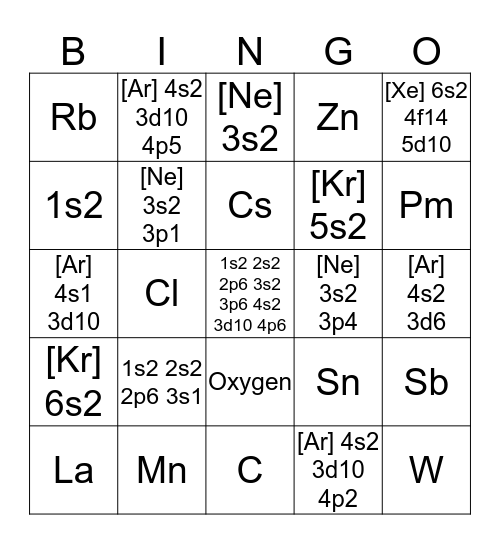 Electron Configuratoin Bingo Card