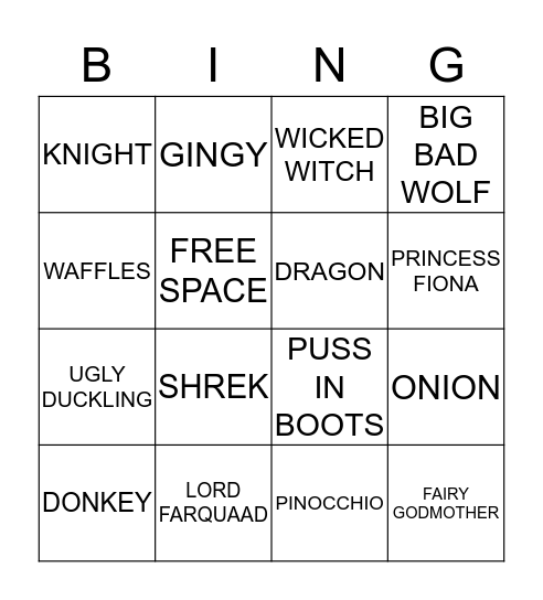 SHREK Bingo Card