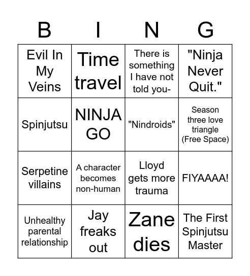 Ninjago Bingo Card