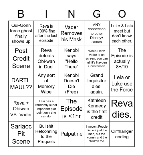 Kenobi Gets To Let Me Down One Last Time Bingo Card