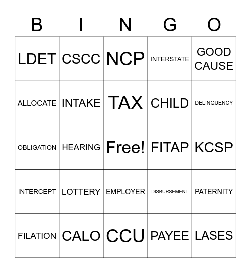 CHILD SUPPORT ENFORCEMENT Bingo Card