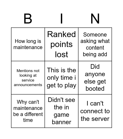 Pubg maintenance bing Bingo Card