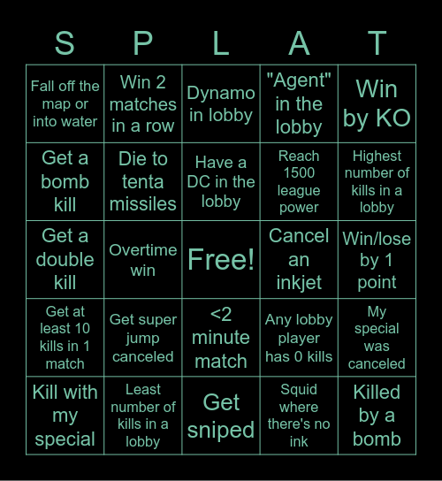 Splatoon 2 Leaguing Bingo Card