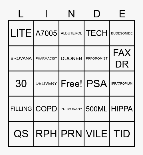 Pharmacy Bingo Card
