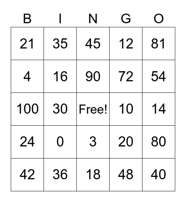 Multiplication Bingo Card