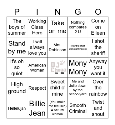 Cover Songs Bingo Card