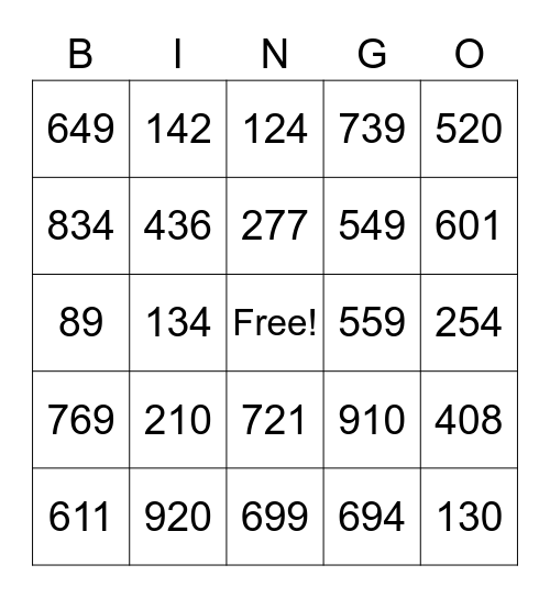 Numerals to 1000 Bingo Card