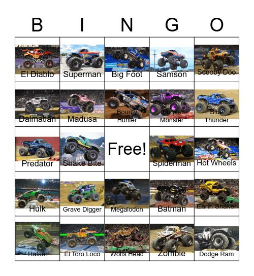 Monster Truck Bingo Card