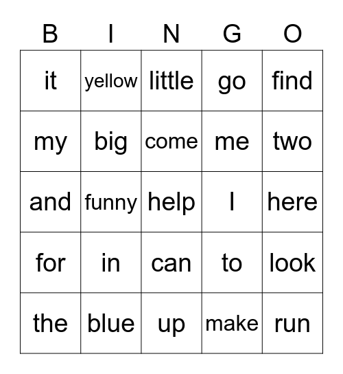 Sight Word Bingo Card