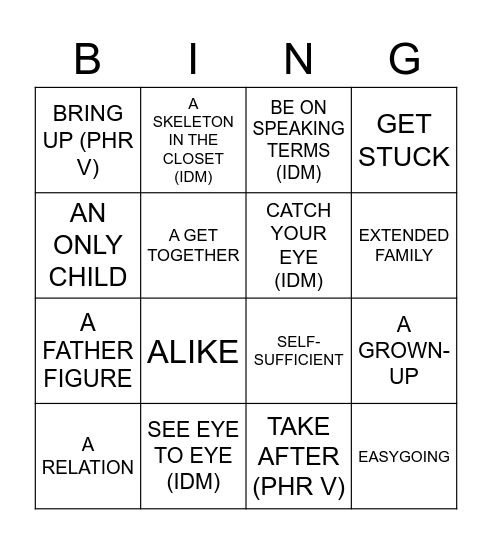 FAMILY Vocab - AEF 5 - Unit 1B Bingo Card