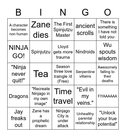 Ninjago Bingo Card