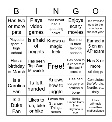 Duke STAR Program Get-To-Know-You BINGO Card