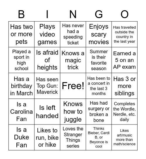 Duke STAR Program Get-To-Know-You BINGO Card