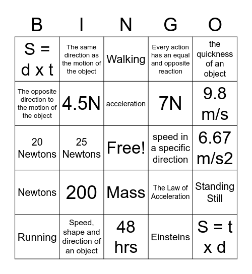 Motion Bingo Card