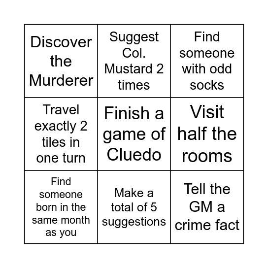 Cluedo Bingo Card
