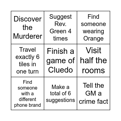 Cluedo Bingo Card