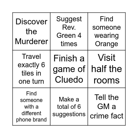 Cluedo Bingo Card