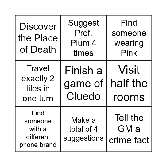 Cluedo Bingo Card