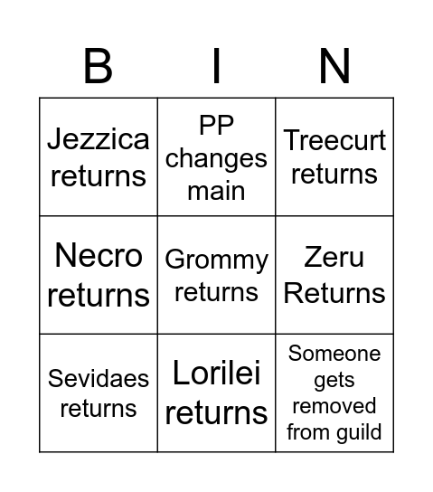 For Instance Returning players bingo Card