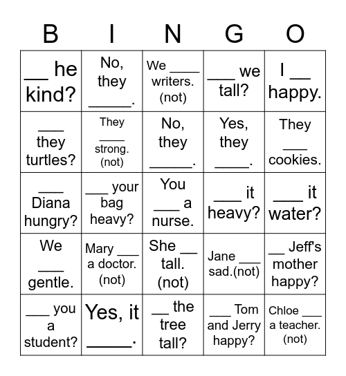 am, are, is bingo Card