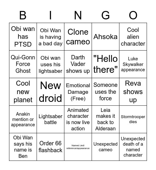 Kenobi Episode 4 Bingo Card