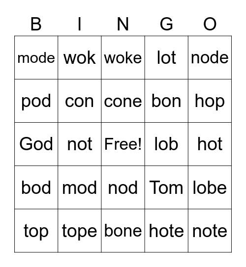 Long and Short O Bingo Card