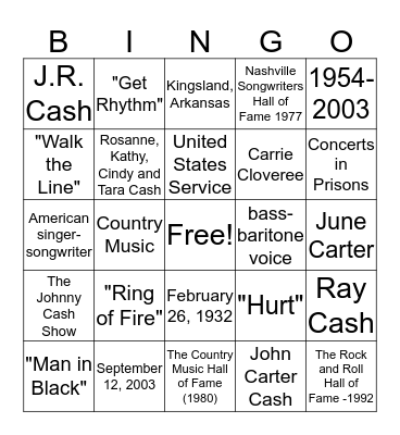 Johnny Cash Bingo Card