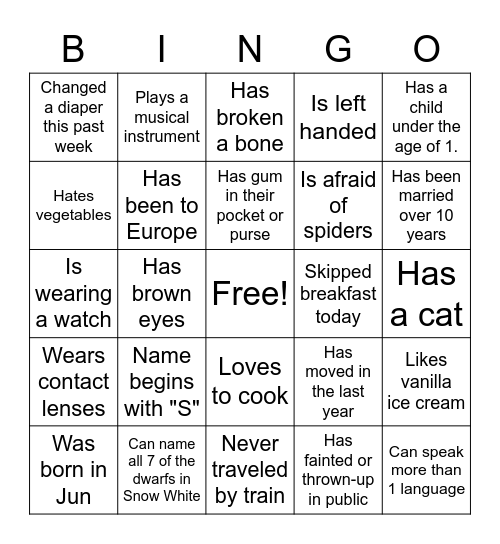 Getting to know you Bingo Card