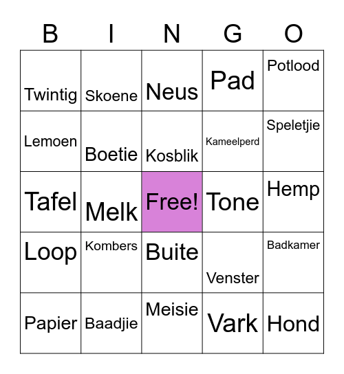 Afrikaans Bingo Card