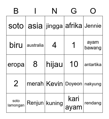 Irene Bingo Card