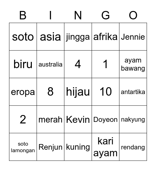 Irene Bingo Card