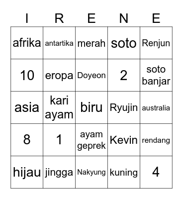 Irene Bingo Card