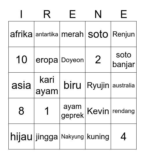 Irene Bingo Card