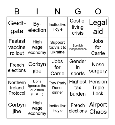 PMQs Bingo Card