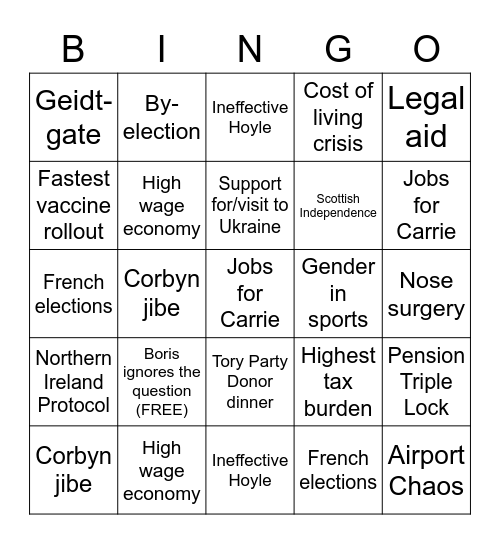 PMQs Bingo Card