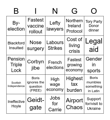 PMQs Bingo Card