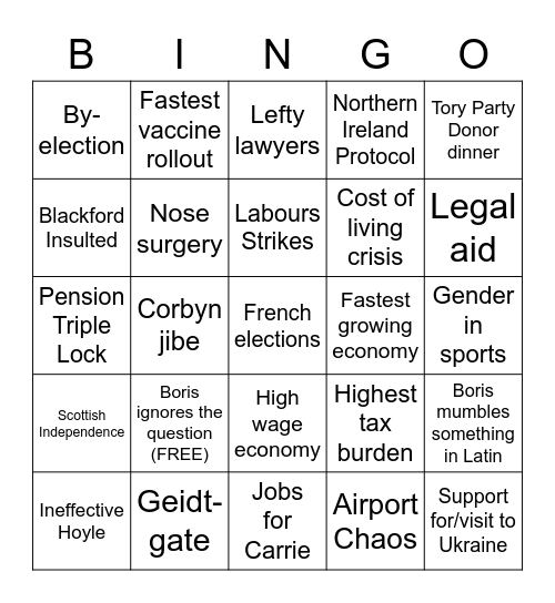 PMQs Bingo Card