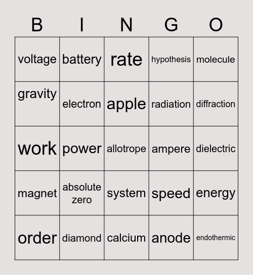 physical science  Bingo Card