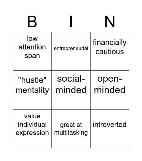 Gen Z Bingo Card