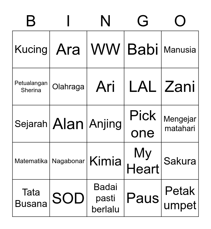 Jadoel Bingo Card