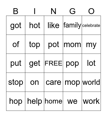 Short o and High Frequency Words Bingo Card