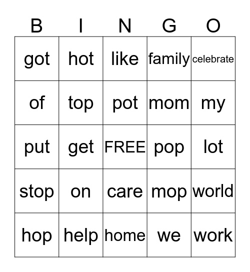 Short o and High Frequency Words Bingo Card