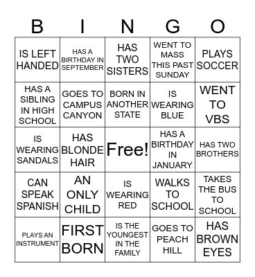 FIFTH GRADE GETTING TO KNOW YOU Bingo Card